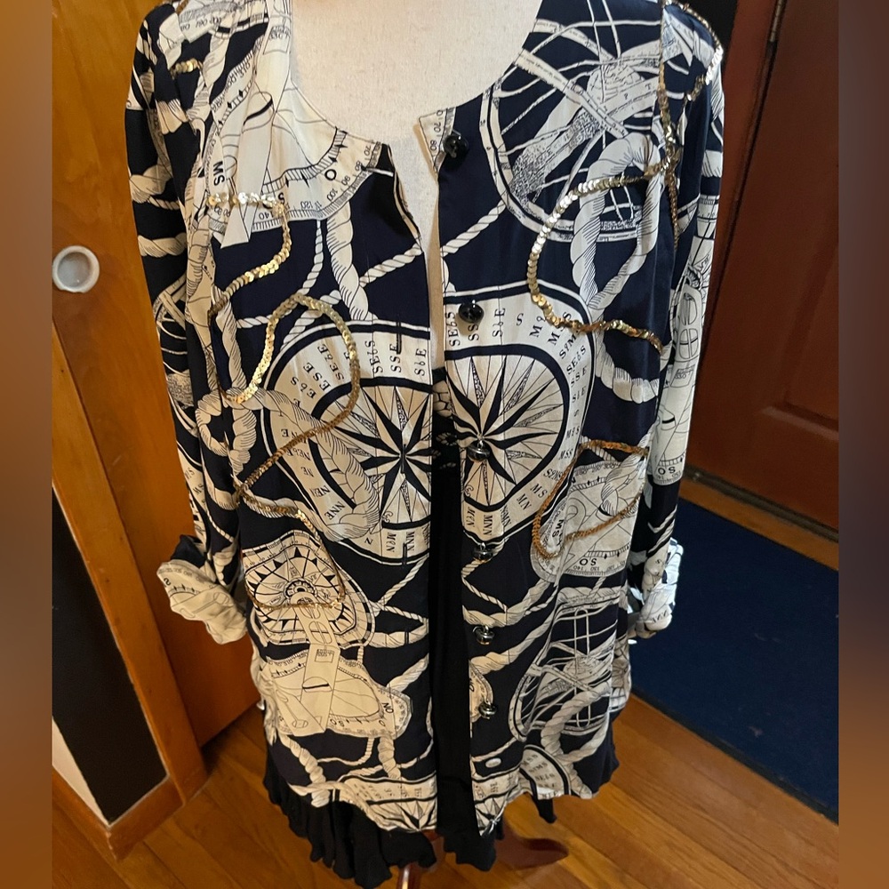 Vintage 100% Escada Silk Navy & Cream Nautical Print Blouse with Gold sequins